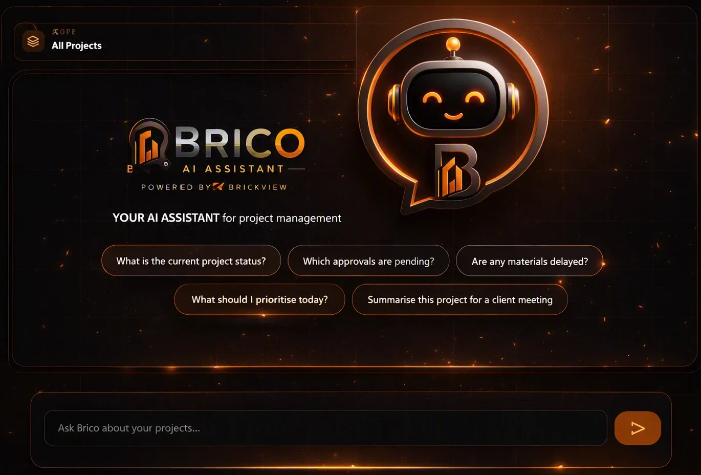 Brico AI assistant in BrickView, with suggested questions about project status, approvals and materials