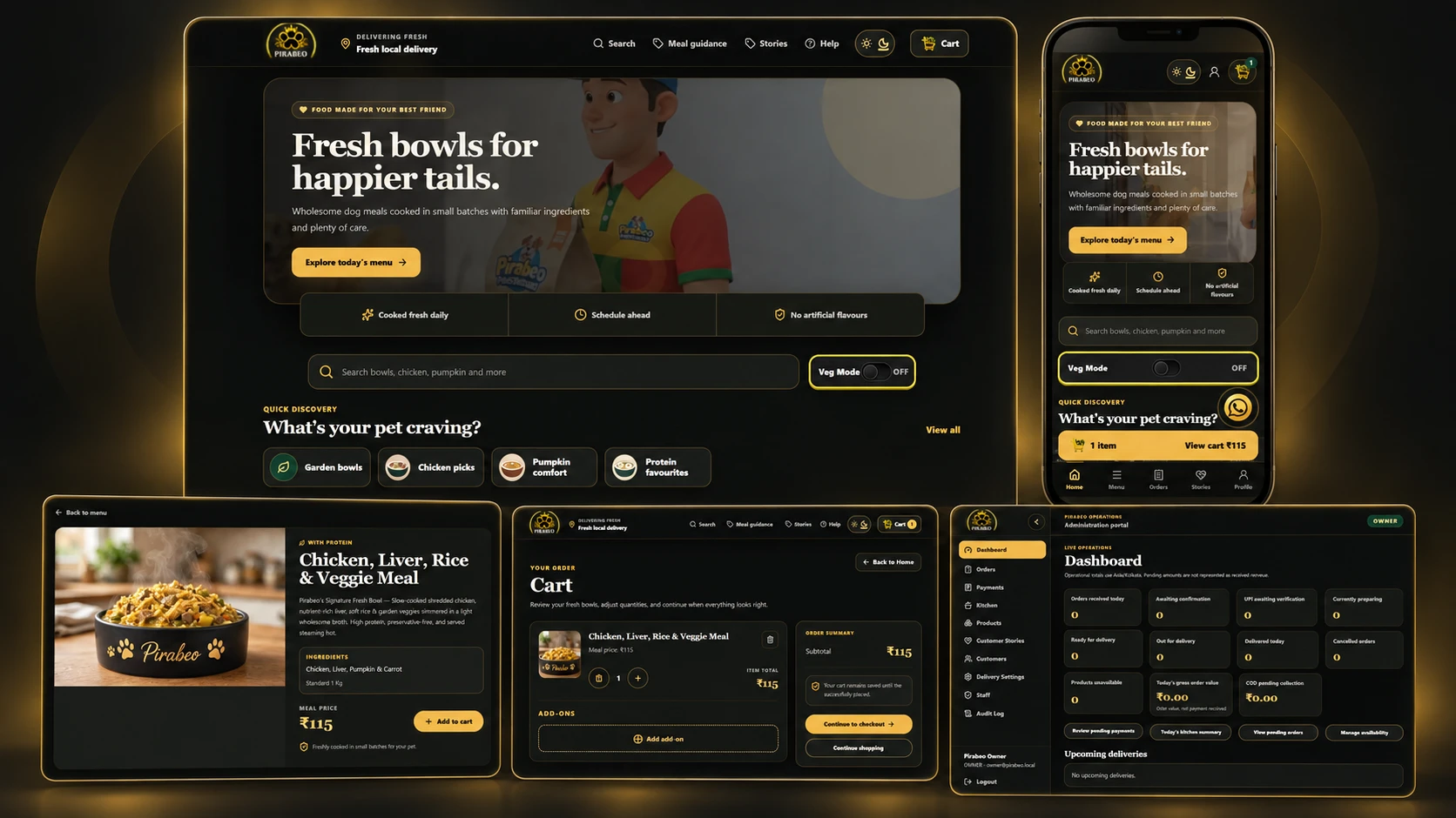 Pirabeo platform: customer website, mobile app, meal page, cart and operations dashboard